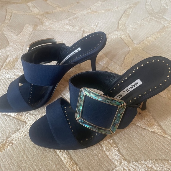 Navy Manolo Blahnik Heeled Sandals - Picture 3 of 7